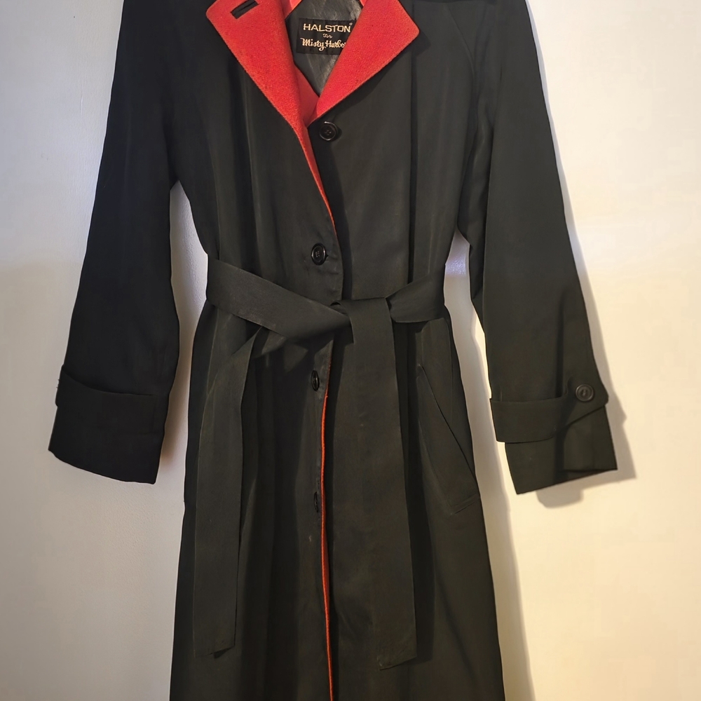 VINTAGE Halston For Misty Harbor Black Trench Coat with Red Wool Lining